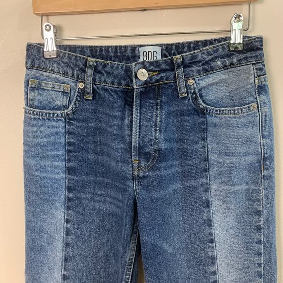 BDG Urban Outfitters Size W26 L32 Jessye Straight Leg Spliced Jeans Blue Raw Hem - Picture 7 of 14